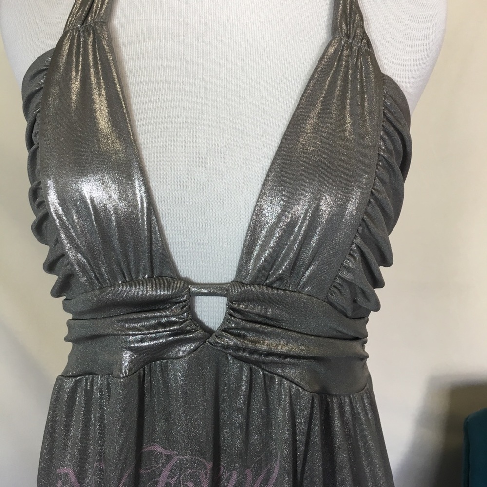 Hip Ed Hardy styled silver halter maxi, Sm
